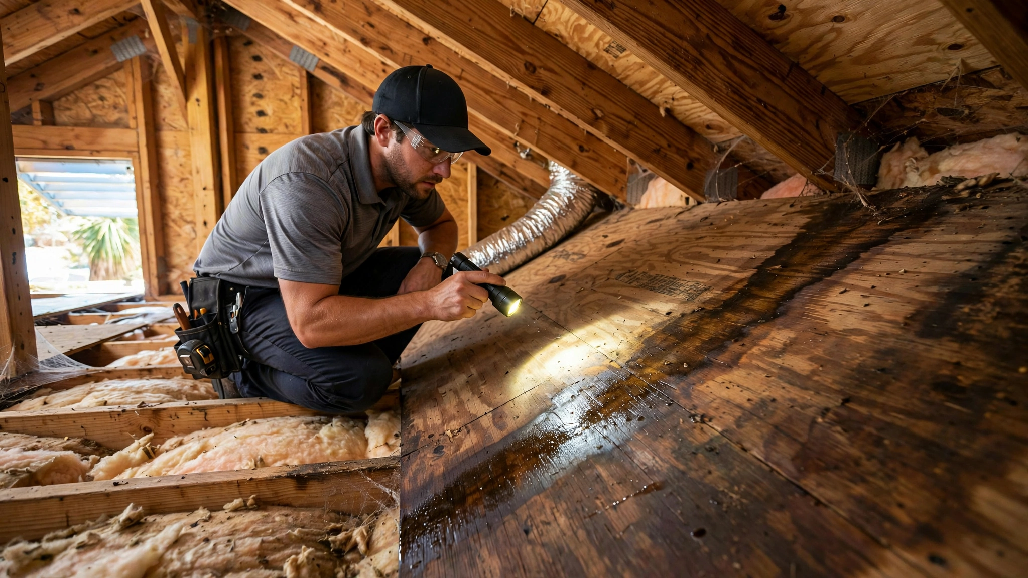 Technician scanning attic insulation with a thermal imaging camera