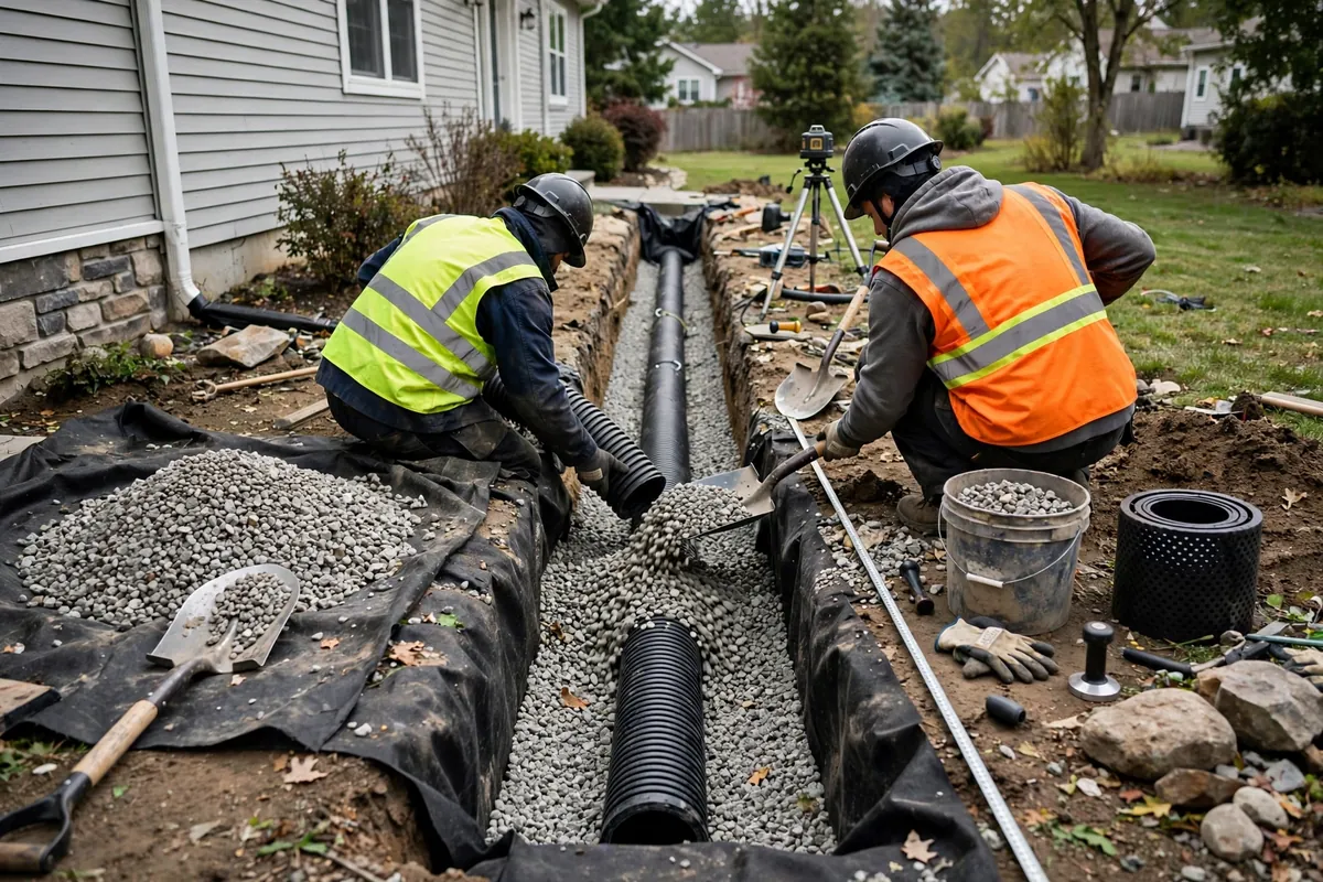 French drain installation trench