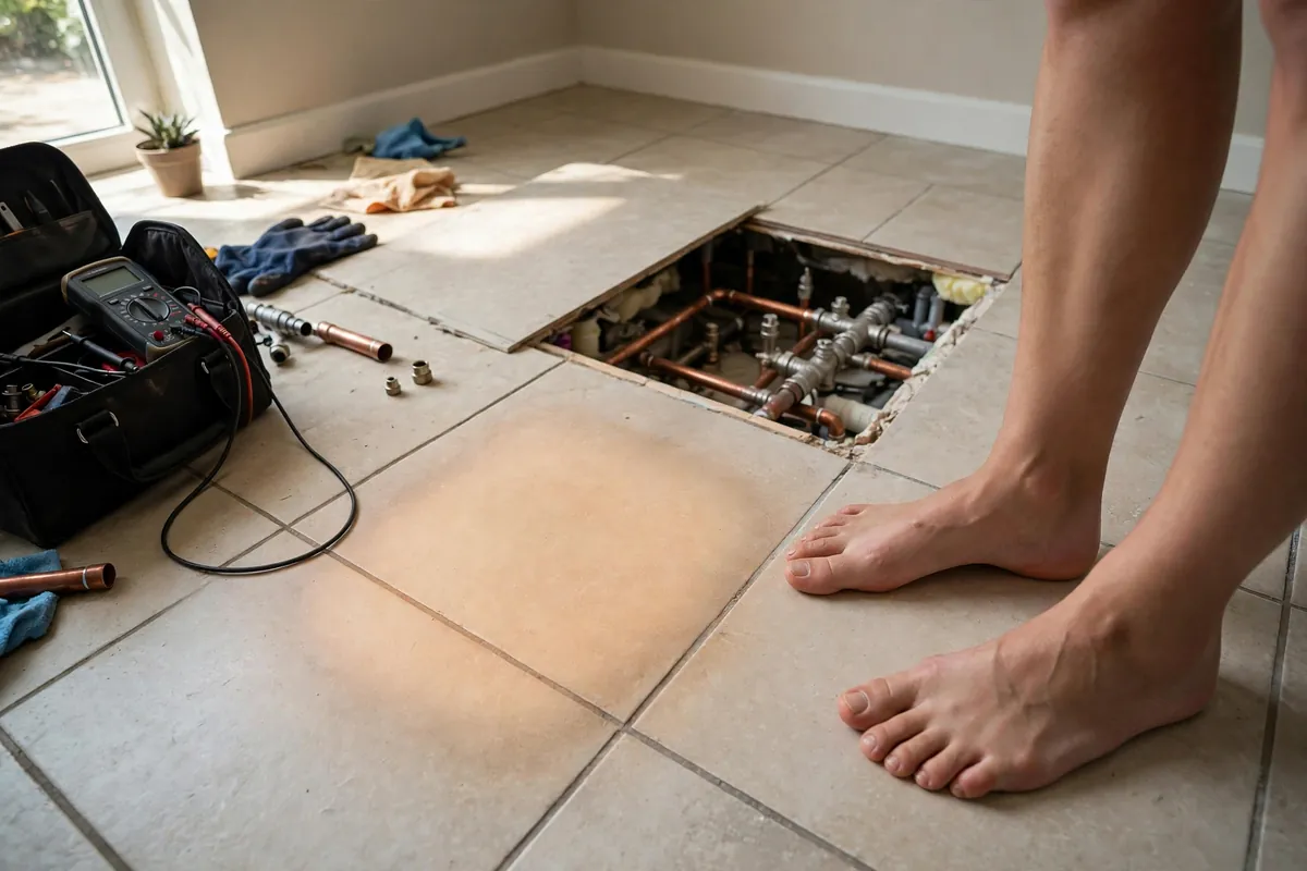 Warm patch on tile from hot water leak