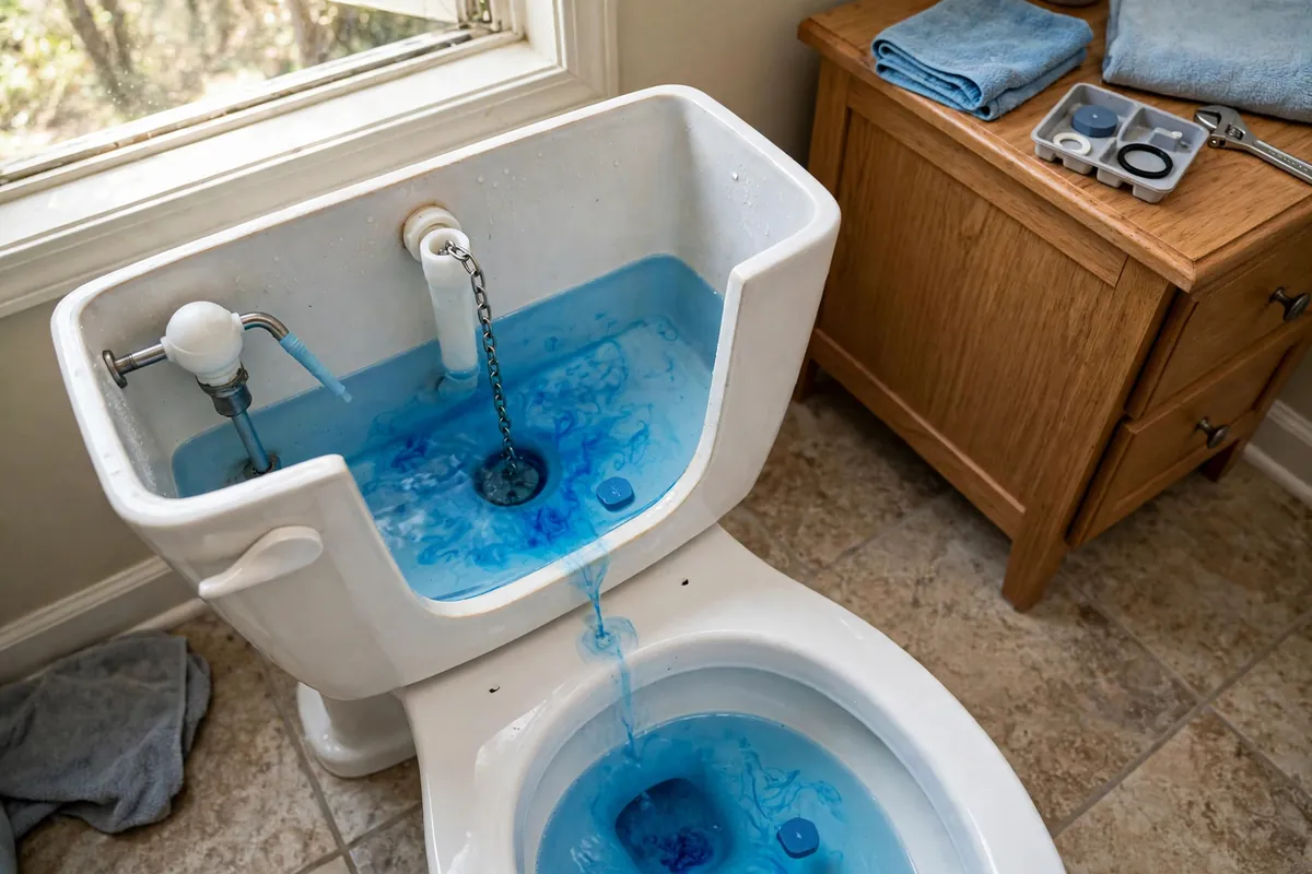 Dye test in a toilet tank
