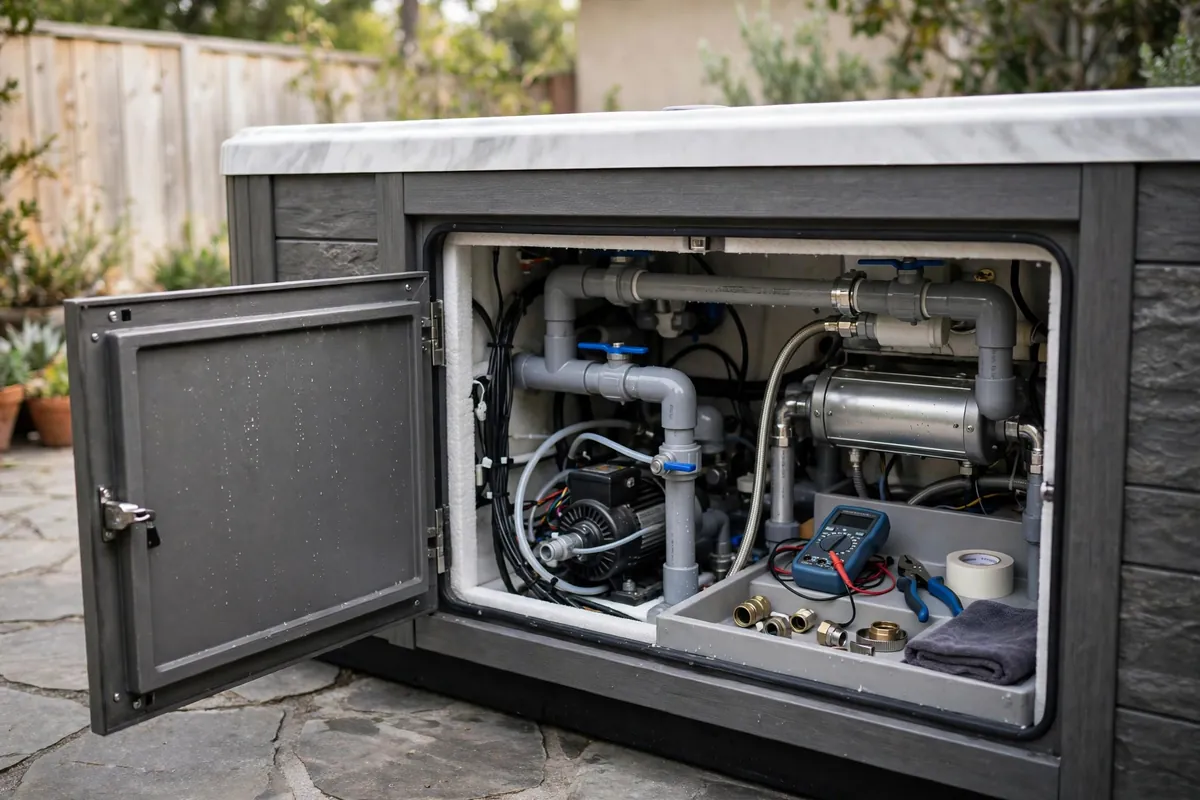 Spa with open equipment panel