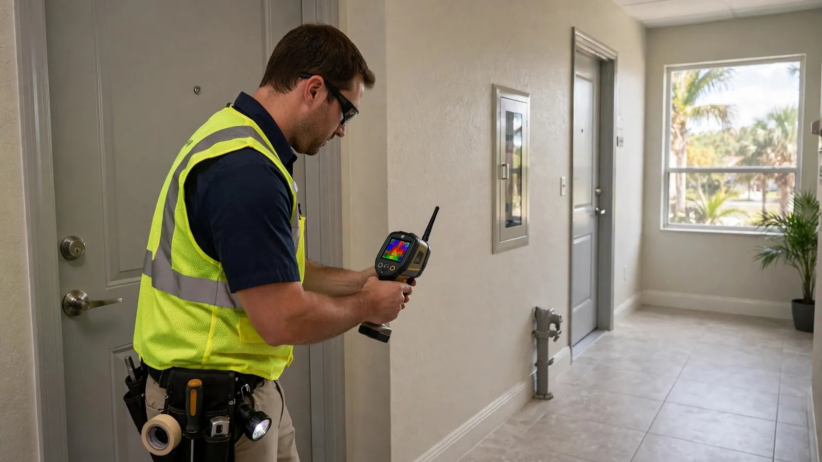 Technician scanning a commercial building hallway with thermal imaging equipment during leak detection in Leesburg, Florida