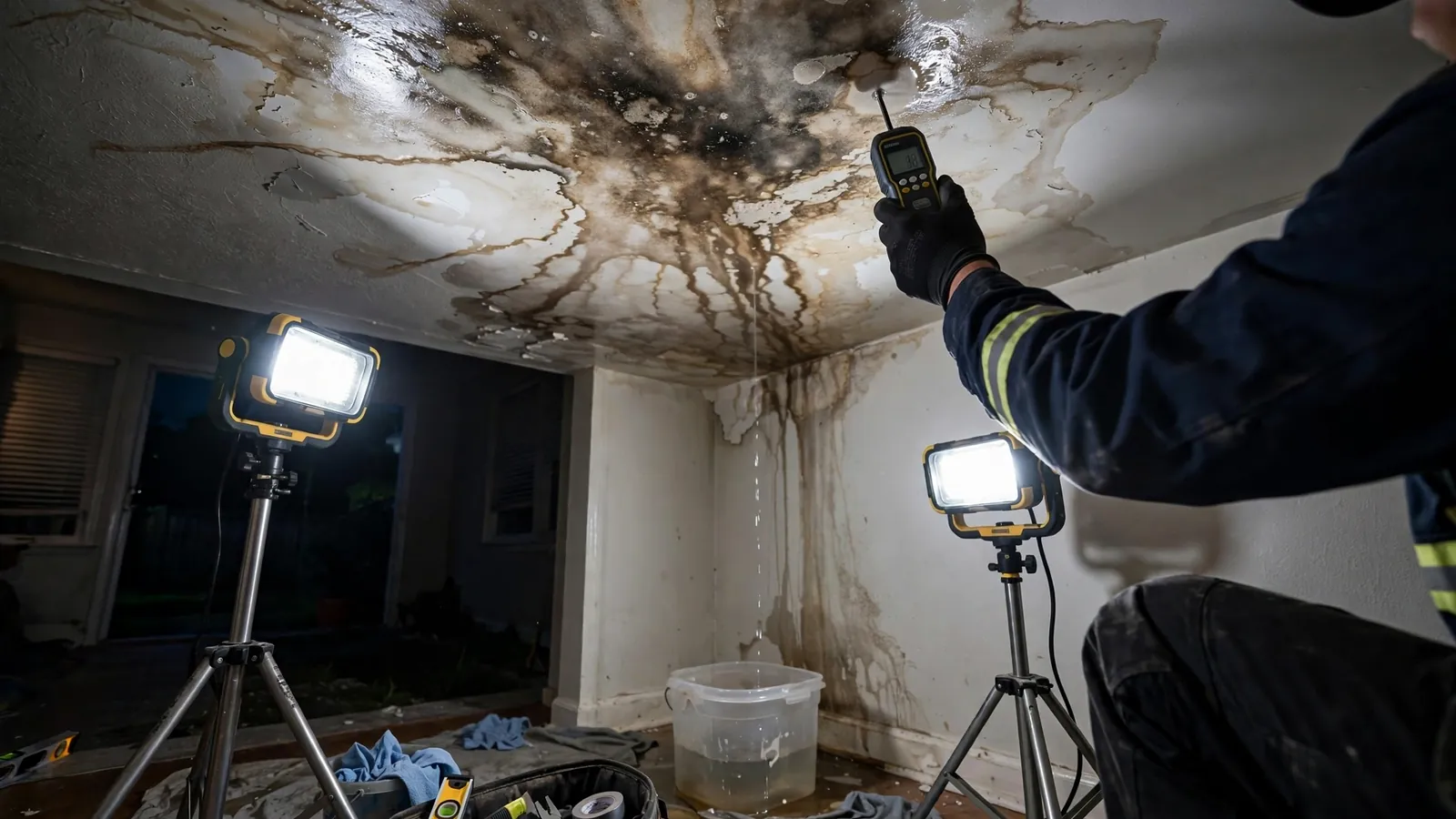 Water dripping from a stained ceiling into a bucket during an emergency leak call in Leesburg, Florida
