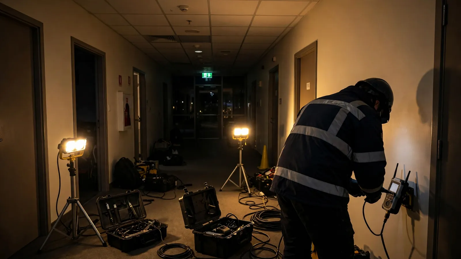 Commercial building in Leesburg, Florida with emergency leak detection equipment staged at the entrance at night