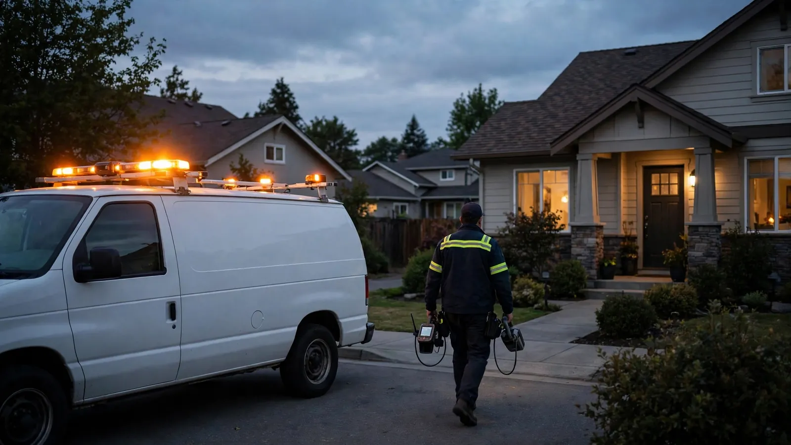 Emergency leak detection technician arriving at night with professional equipment outside a Leesburg, Florida home