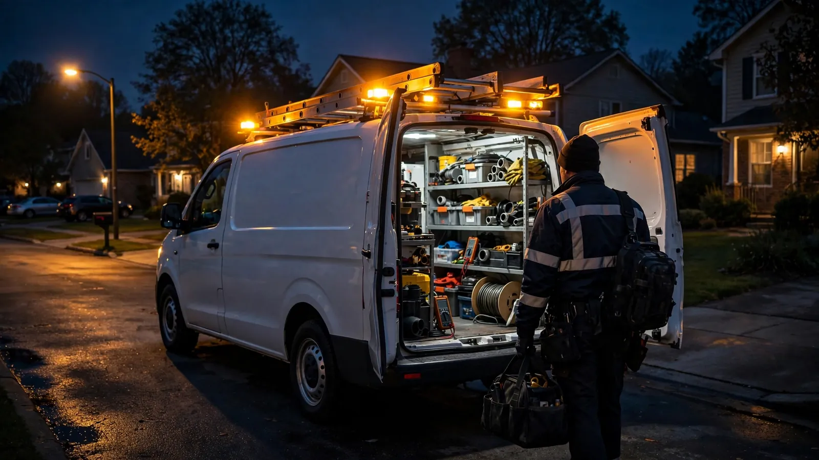 Technician with acoustic listening gear locating a burst supply line inside an older Downtown Leesburg building at night.
