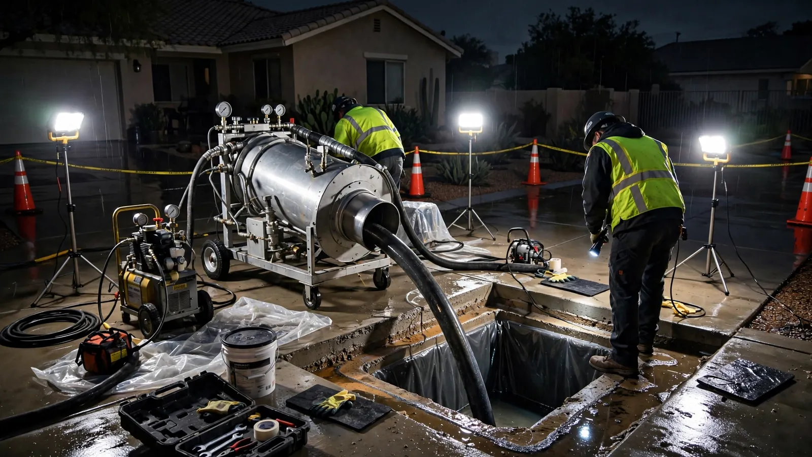 Technician performing emergency sewer camera inspection for an under-slab line in Leesburg