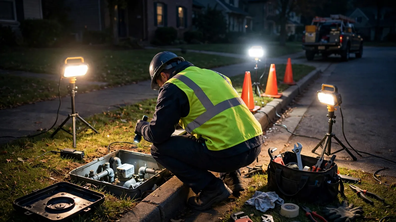 Water meter dial spinning rapidly inside an open meter box during an emergency call in Leesburg, Florida