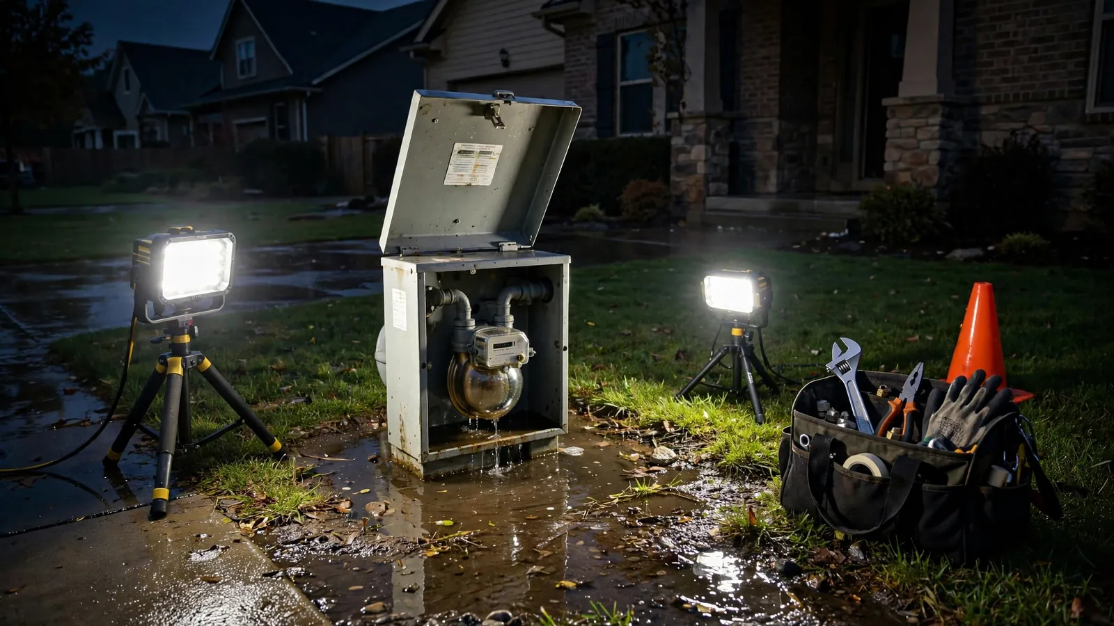 Water gushing from a meter box at the curb during a service line emergency in Leesburg FL