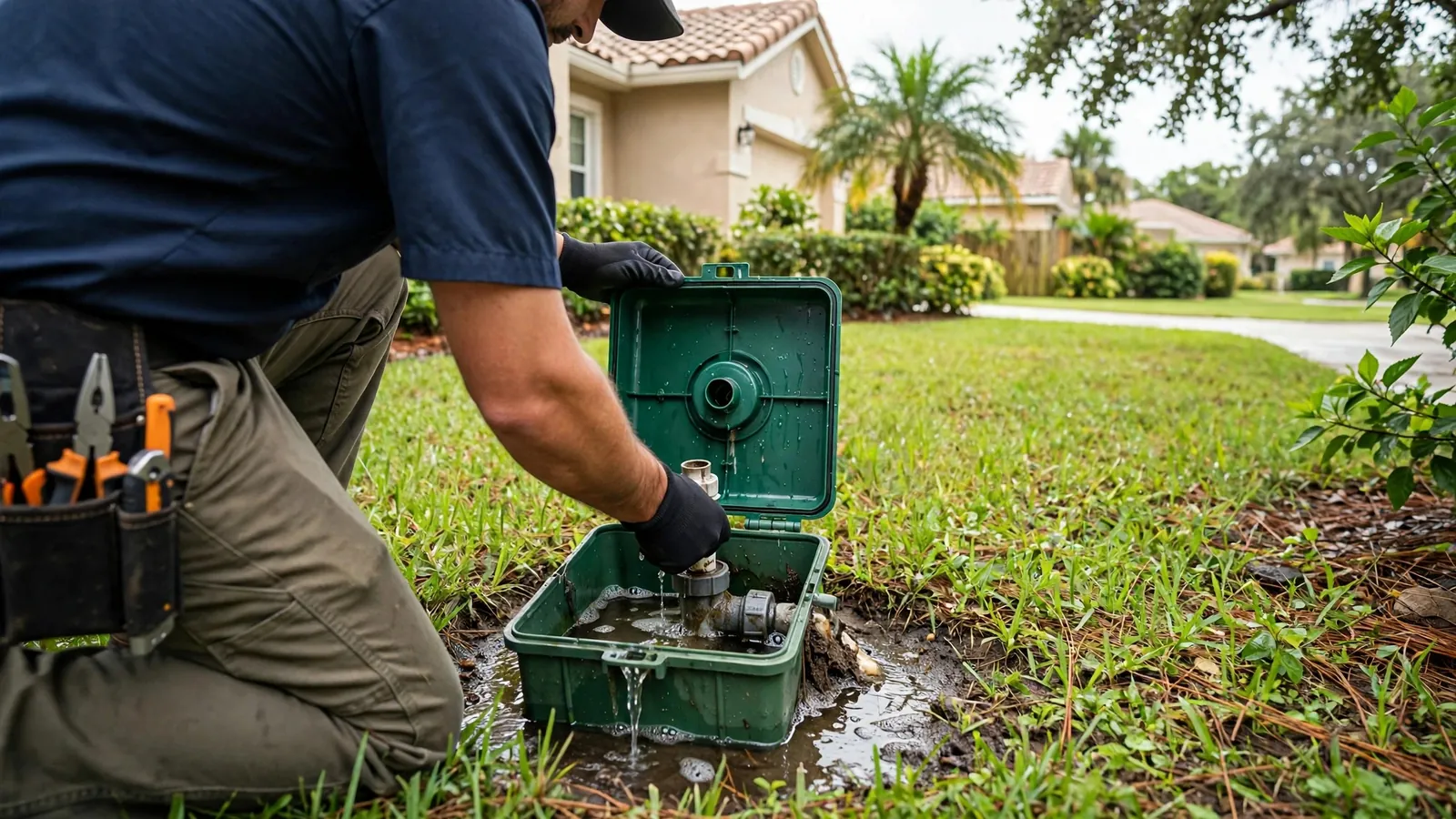 Technician inspecting an irrigation valve box for leaks in a yard