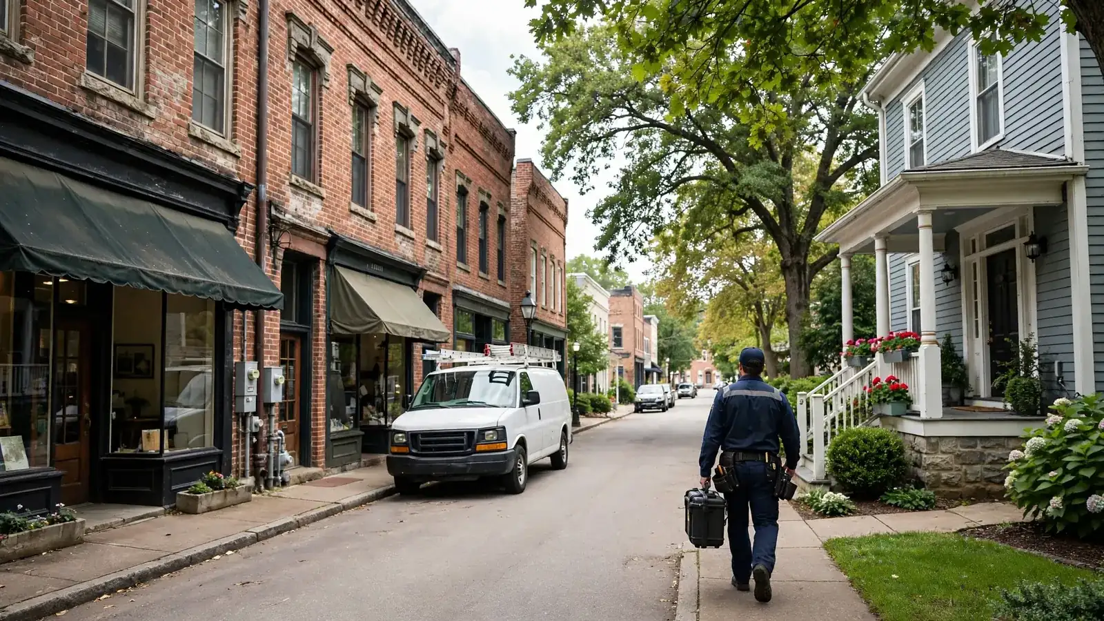 Historic downtown Leesburg Florida street with older commercial buildings where leak detection specialists locate aging pipe leaks
