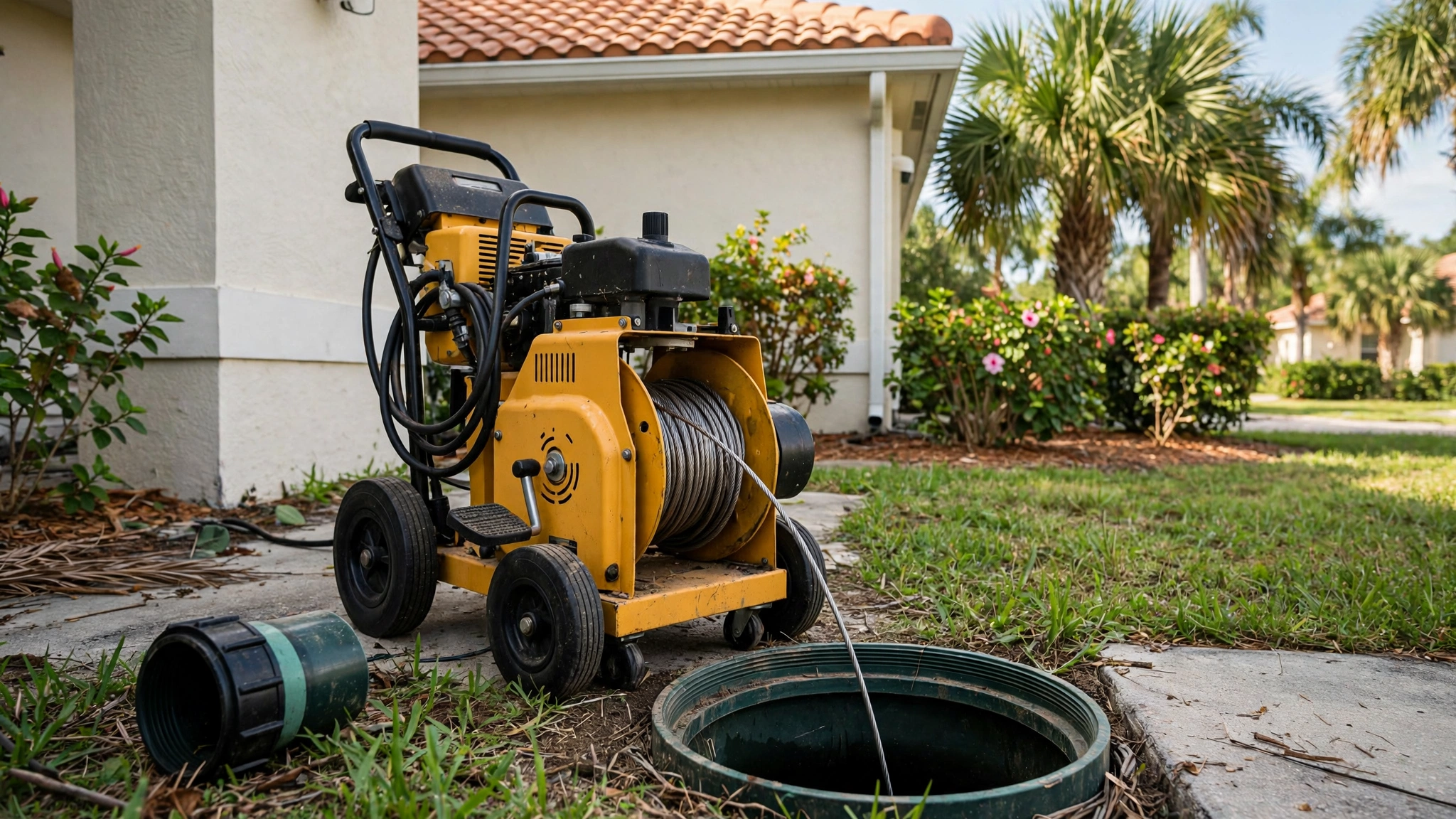 Technician feeding a sewer camera cable into a main line cleanout in Leesburg, FL