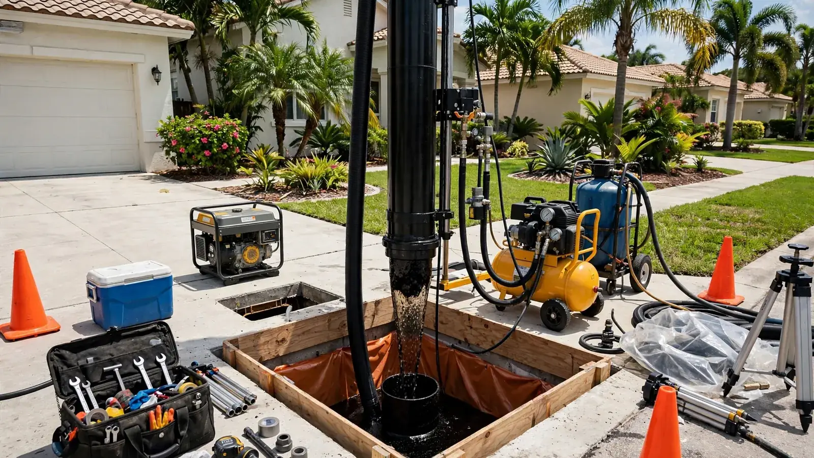 Technician feeding an epoxy liner into a sewer cleanout for trenchless pipe rehabilitation in Leesburg, FL