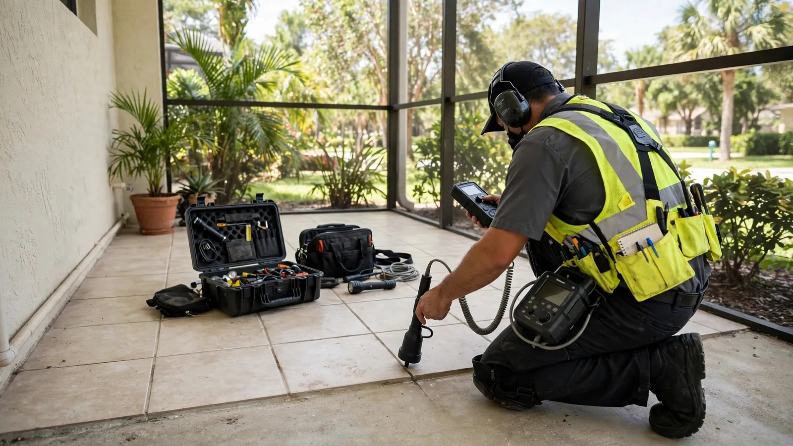 Technician using acoustic listening equipment on a tile floor to locate a slab leak in Leesburg, Florida