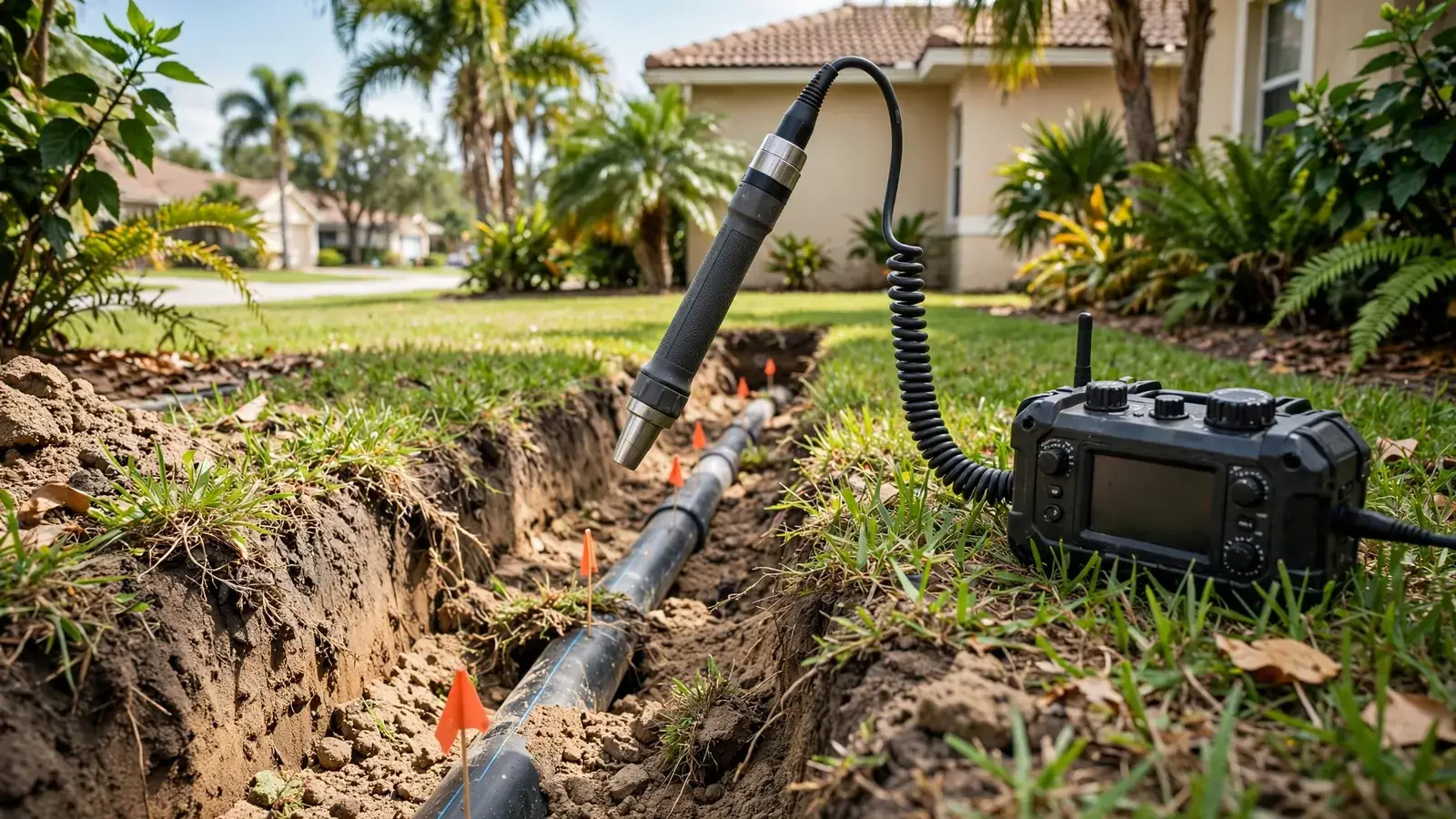 Technician using acoustic listening equipment to pinpoint a failing underground pipe in Leesburg, FL