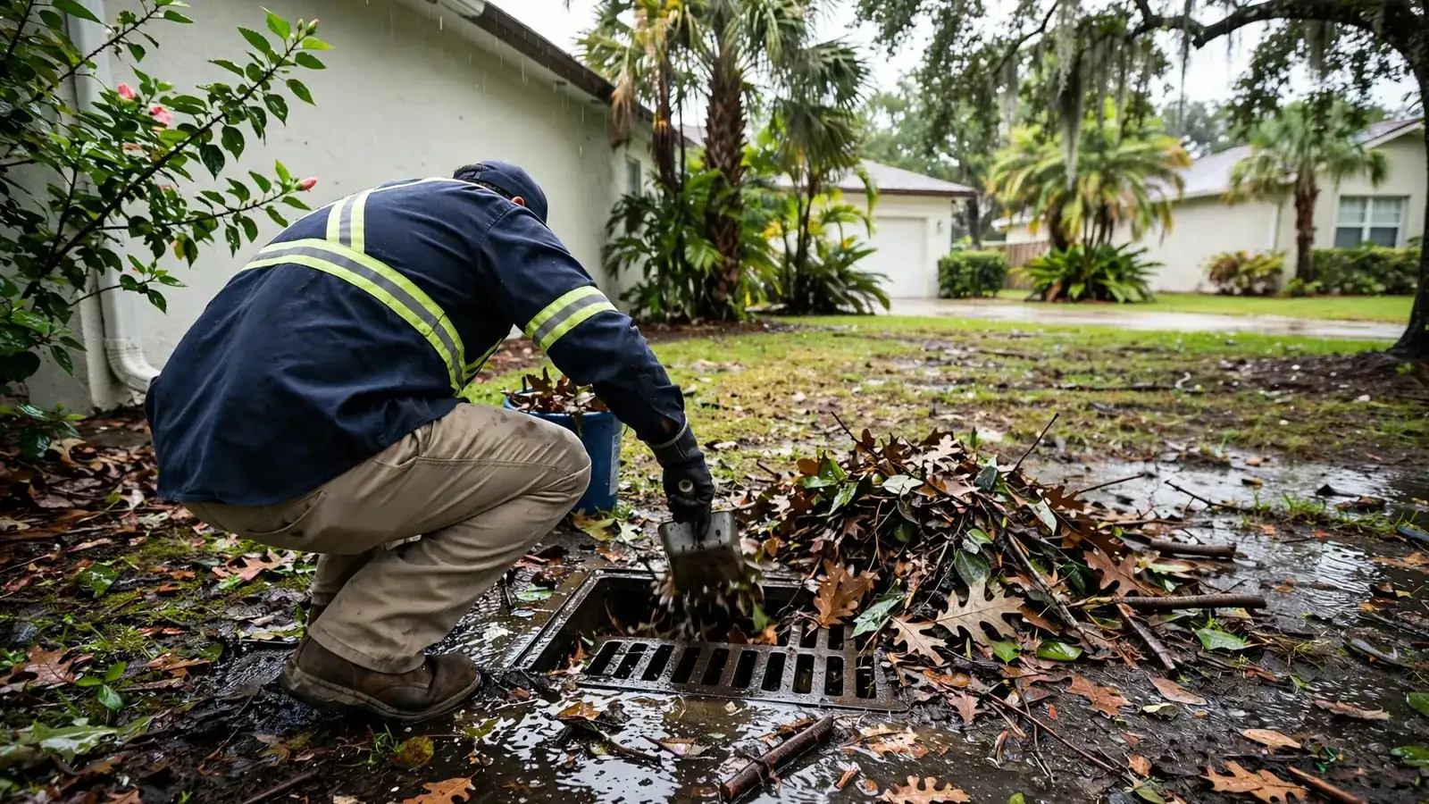 Technician clearing a channel drain grate in a Leesburg, FL yard after heavy rain